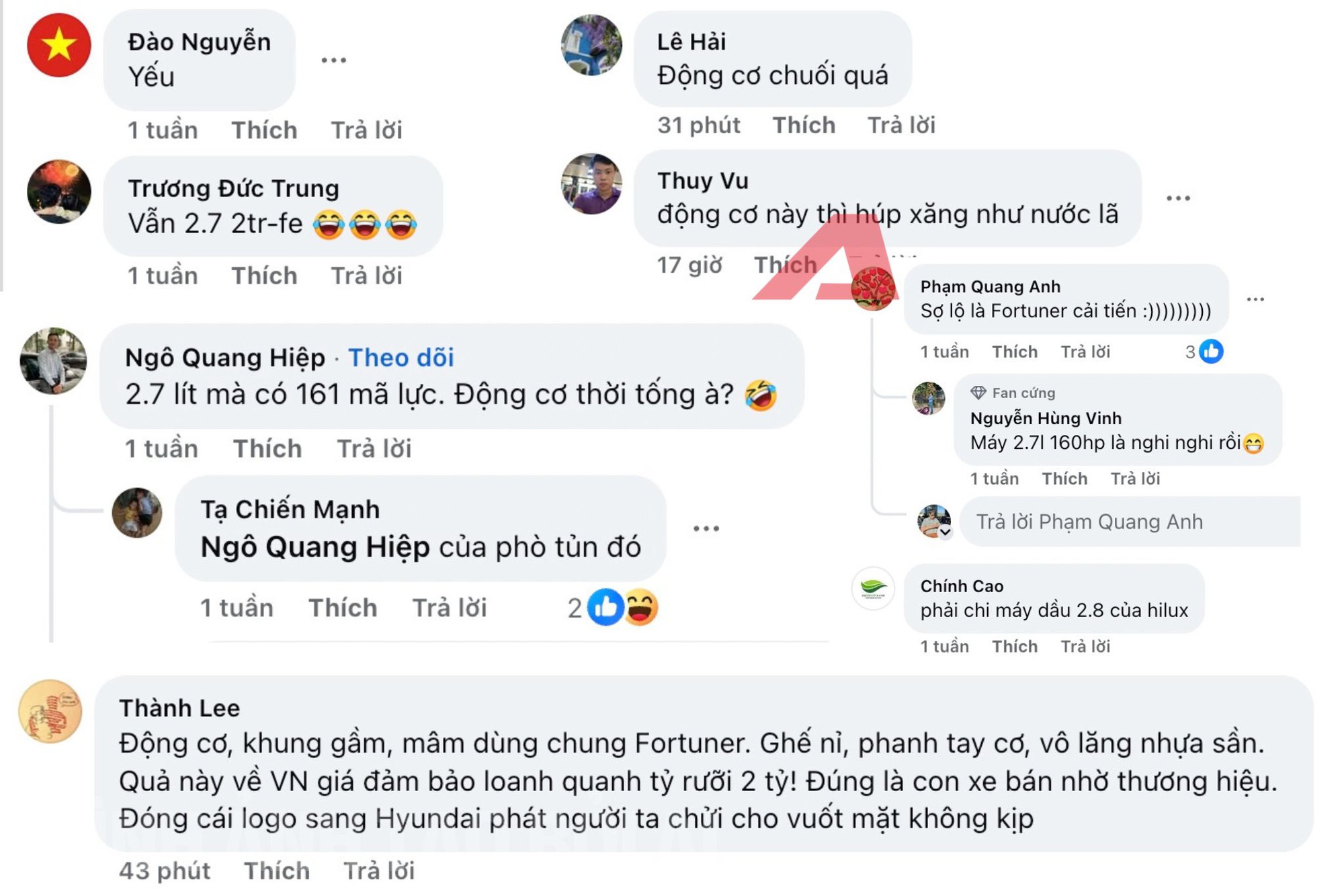 Nhiều bình luận không đồng tình với động cơ xăng 2.7L giống Fortuner Bình luận phản đối trên mạng xã hội